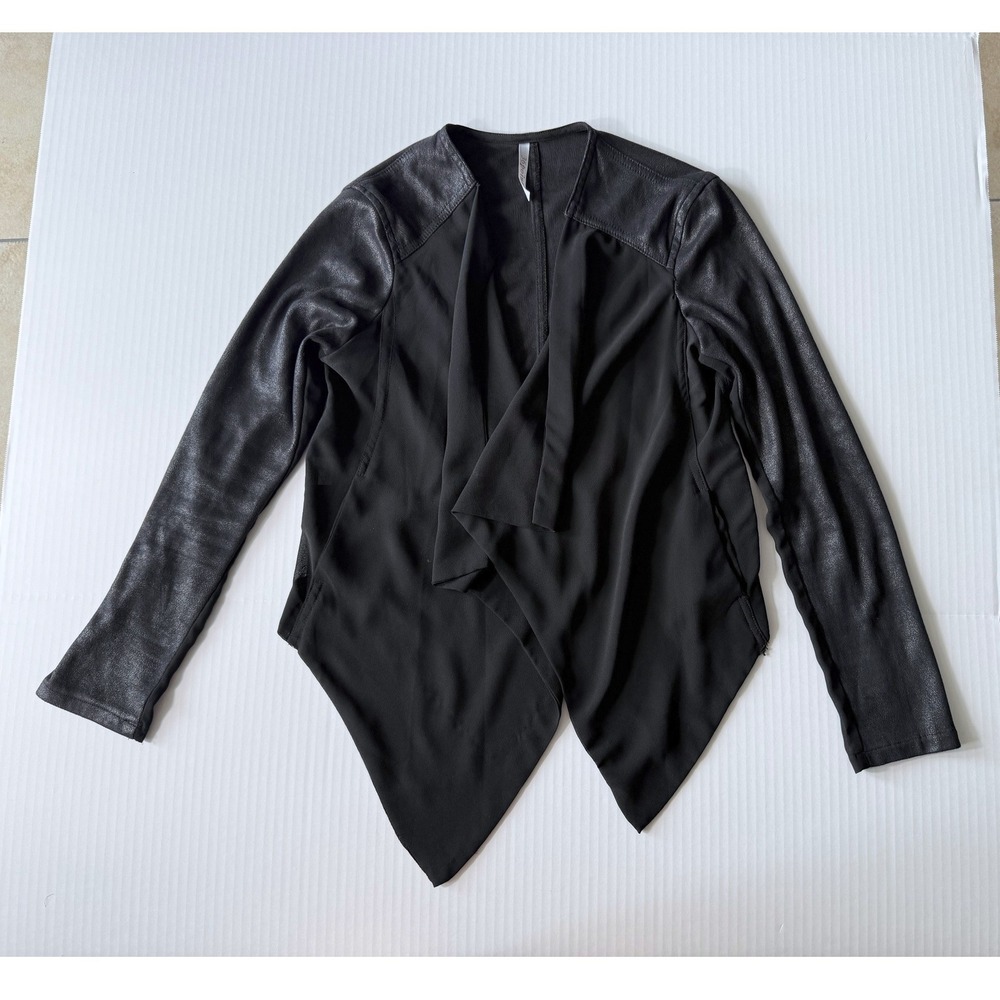36point5 Black Open Front Cardigan Womens Small Faux Leather Mixed Media JA1232